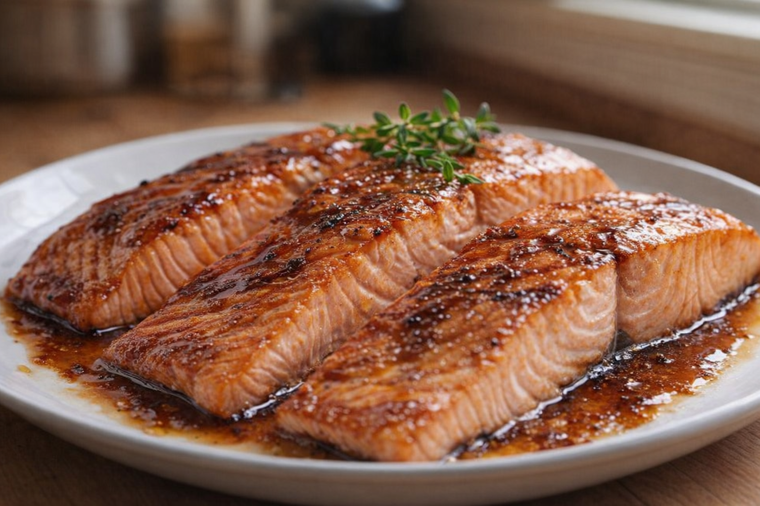 A close-up shot of perfectly cooked salmon fillets, glazed and glistening, arranged on a white plate with a sprig of fresh herbs. Soft, natural light highlights the flaky texture of the fish.